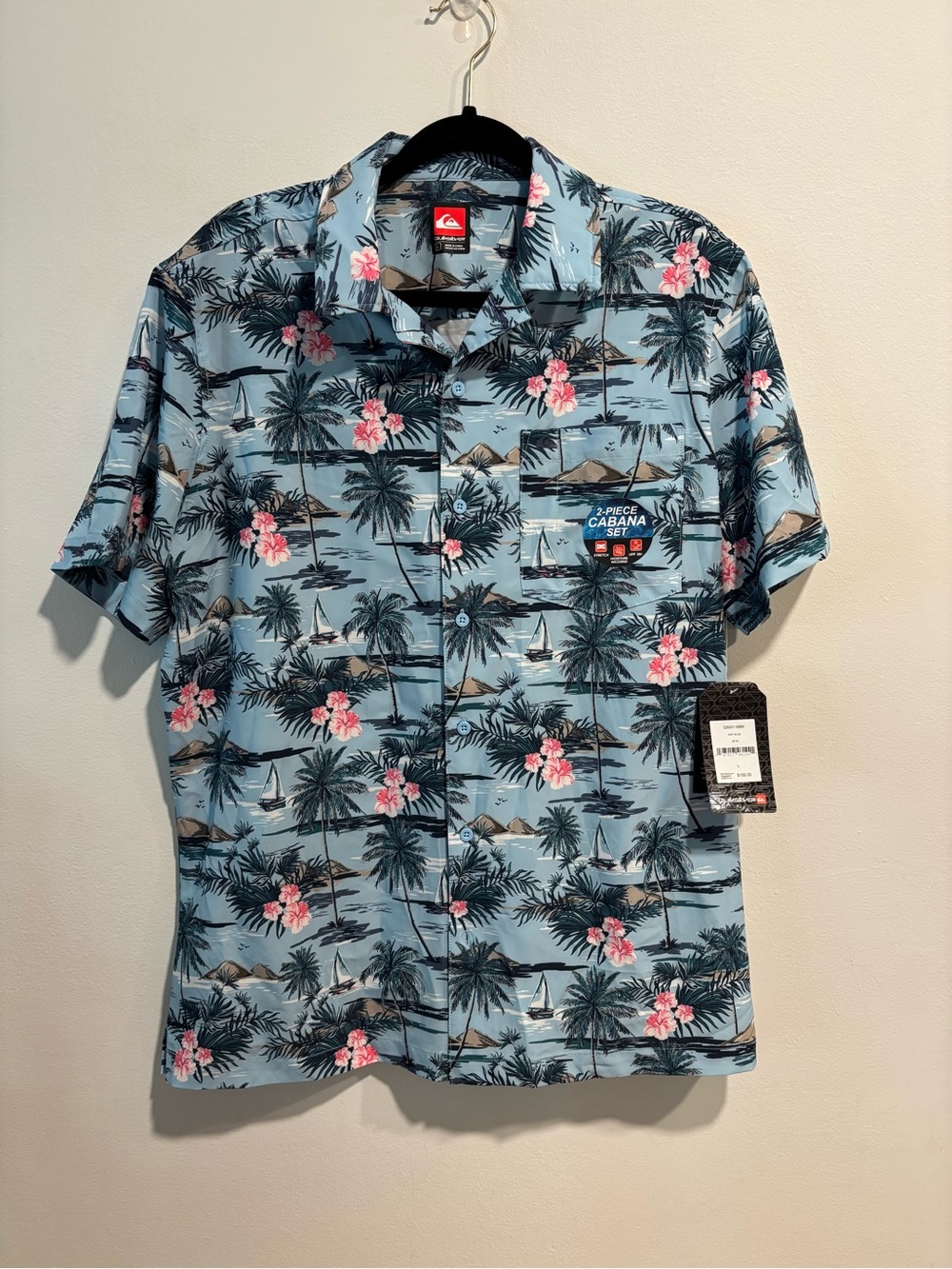 Quiksilver Light Blue Hawaiian Tropical Button-Up Shirt with Pink Floral Accents